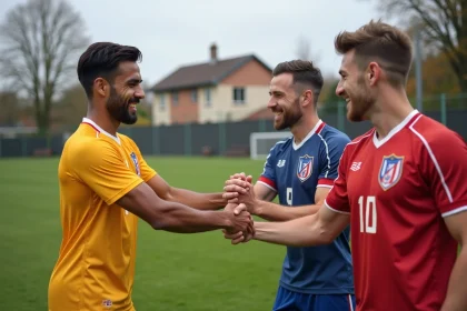 Joueurs de football amateur en train de se serrer la main après un match dans le district FFF Yvelines, symbole de fair-play et respect sportif