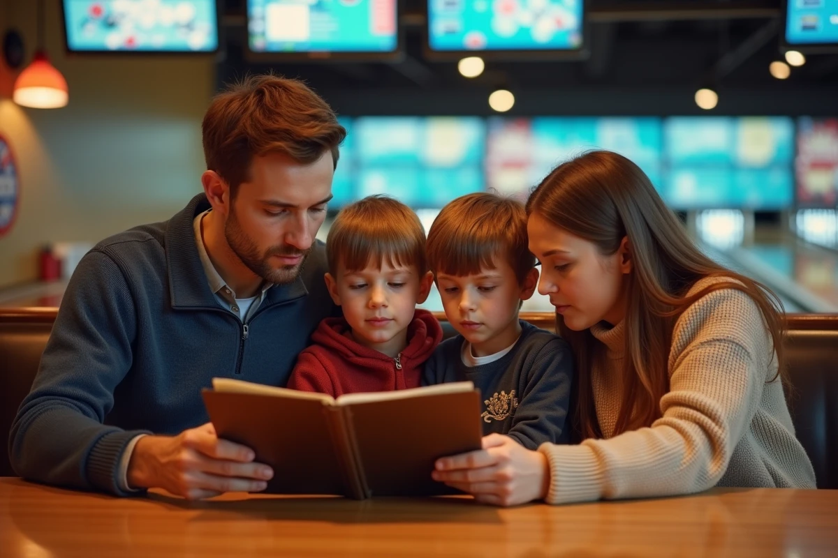 Famille assise à la table regardant le menu de bowling