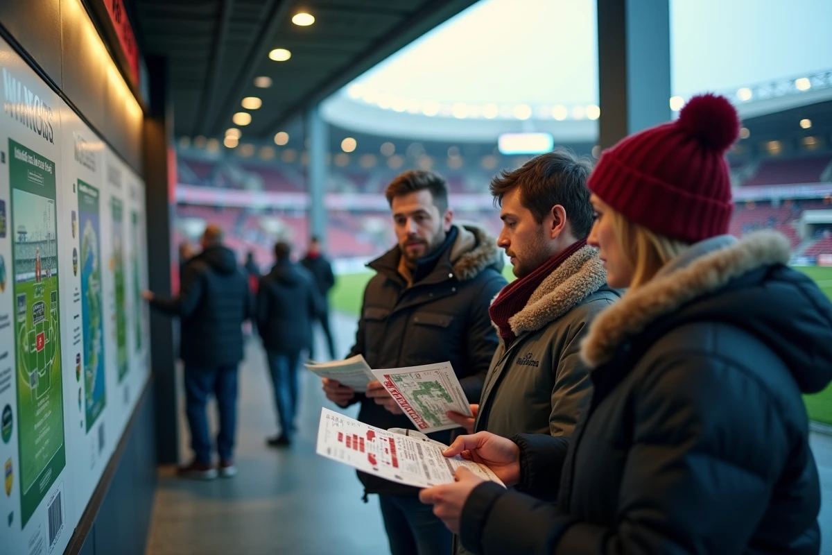 Fans de rugby examinant billets devant le stade