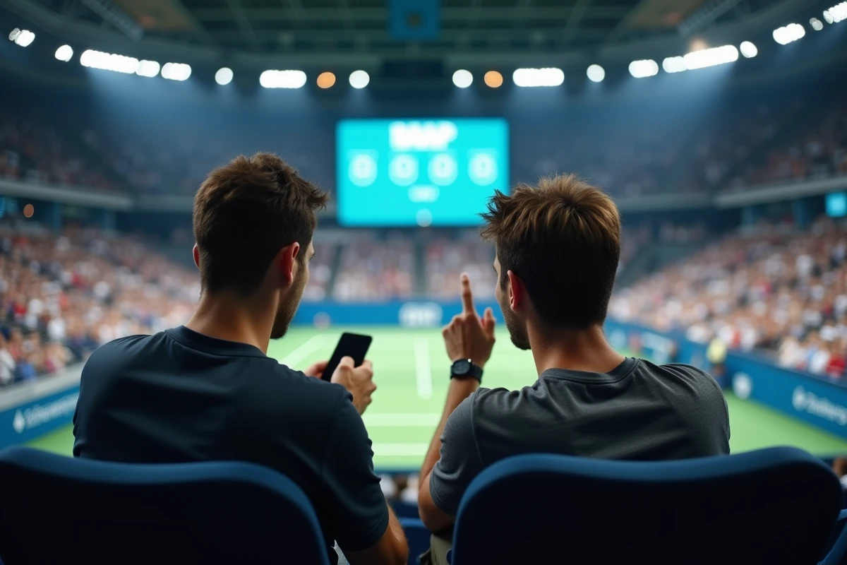 Fans de tennis dans les tribunes étudiant le tableau de points ATP Race to Turin sur écran de stade