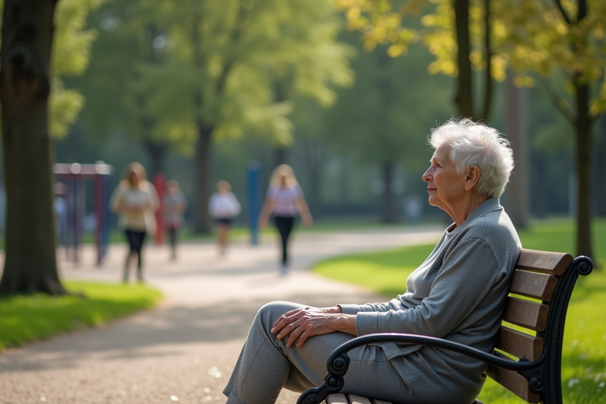Femme âgée assise sur un banc de parc regardant au loin