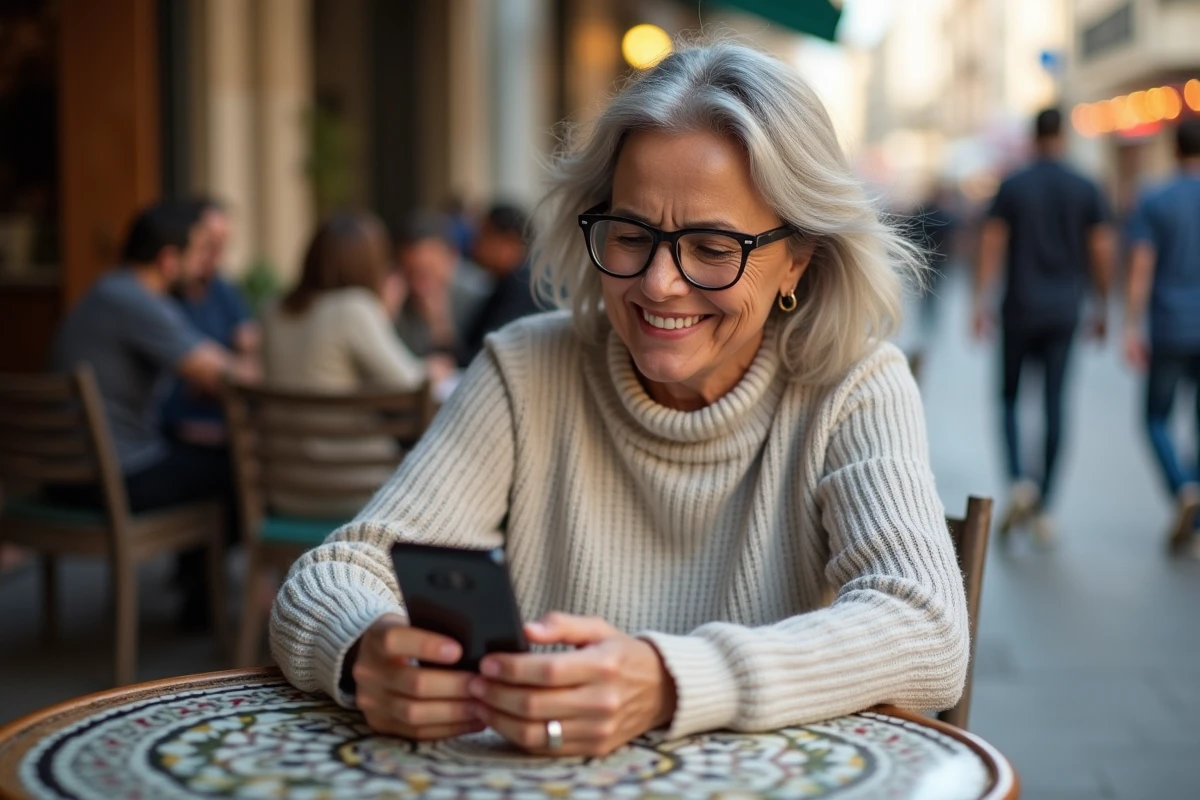 Femme algérienne souriante utilisant son smartphone au café