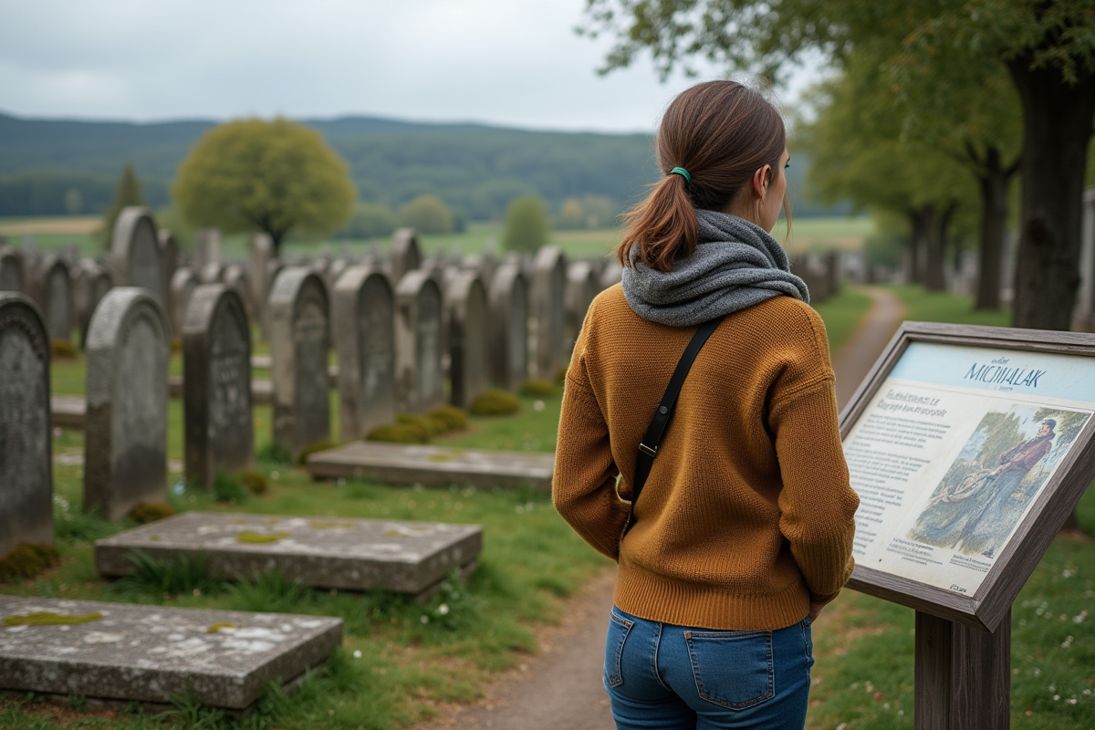 Jeune femme observant des tombes dans un cimetiere rural