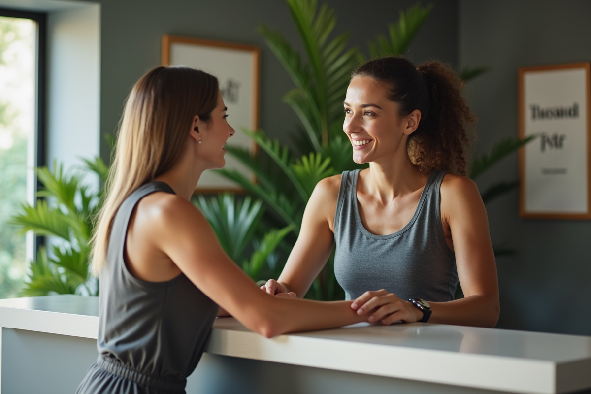 Femme conseillant une coach dans un gym accueillant