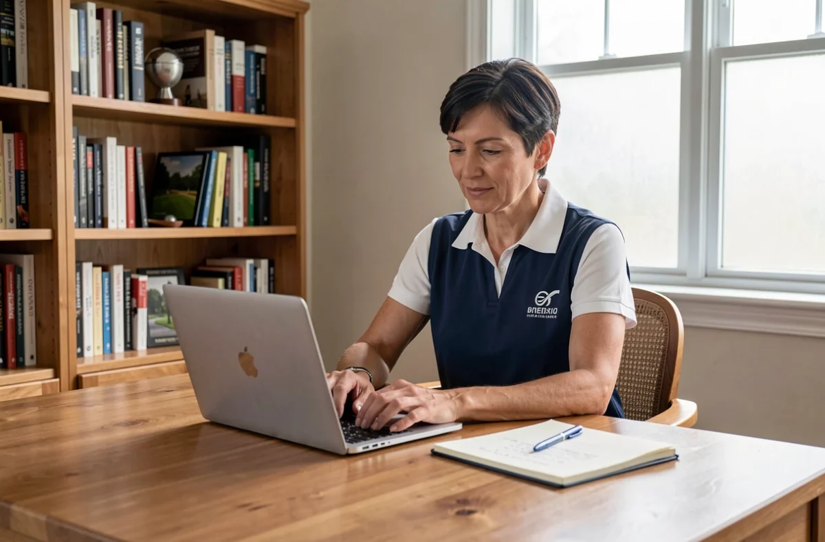 Femme consultant le site apprendre-le-golf.com sur un ordinateur portable pour choisir du matériel de golf
