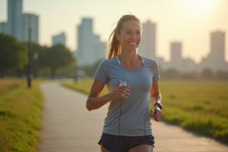 Femme en course matinale buvant une boisson sportive