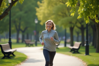 Femme d'âge moyen courant dans un parc verdoyant