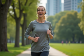 Femme souriante en course dans un parc urbain