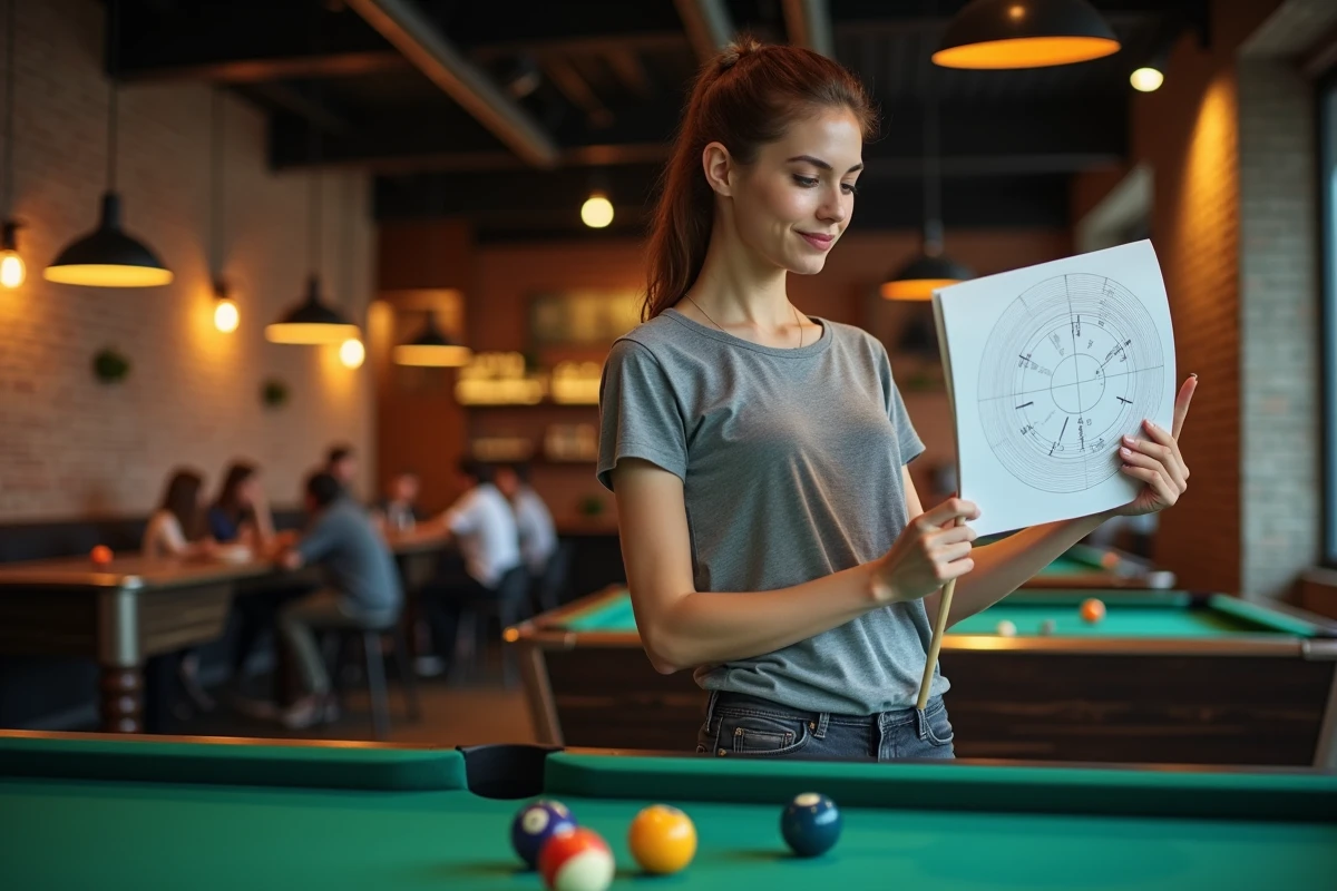 Jeune femme étudiant un schéma de placement de billes au billard dans un bar moderne avec repères de jeu