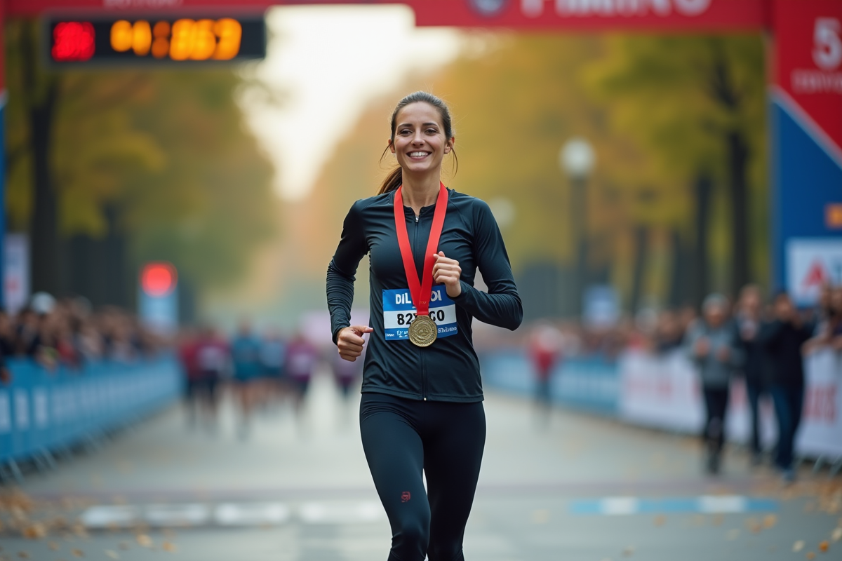 Femme coureuse souriante à la ligne d
