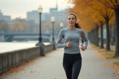 Femme qui fait du jogging à allure modérée sur un chemin urbain en automne, illustrant une vitesse de 8 km/h en course à pied