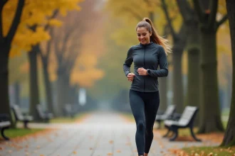 Femme en marche rapide consultant sa montre connectée pour suivre sa distance en pas et kilomètres dans un parc urbain en automne