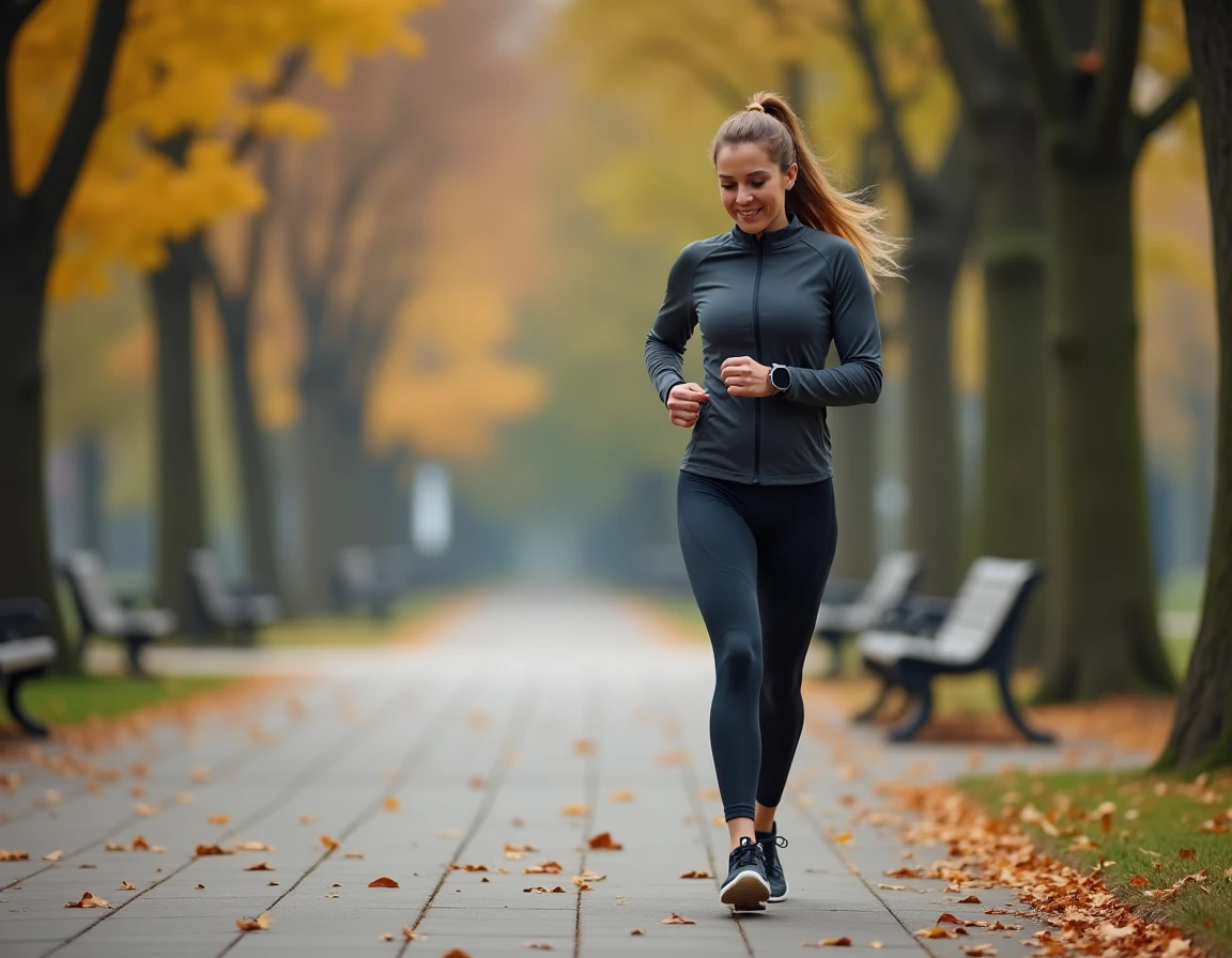 Femme en marche rapide consultant sa montre connectée pour suivre sa distance en pas et kilomètres dans un parc urbain en automne