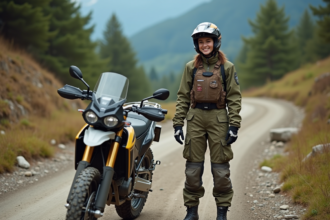 Femme souriante en équipement moto sur sentier montagneux