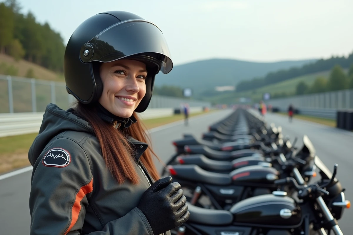 Femme souriante ajustant ses gants près de motos sur circuit