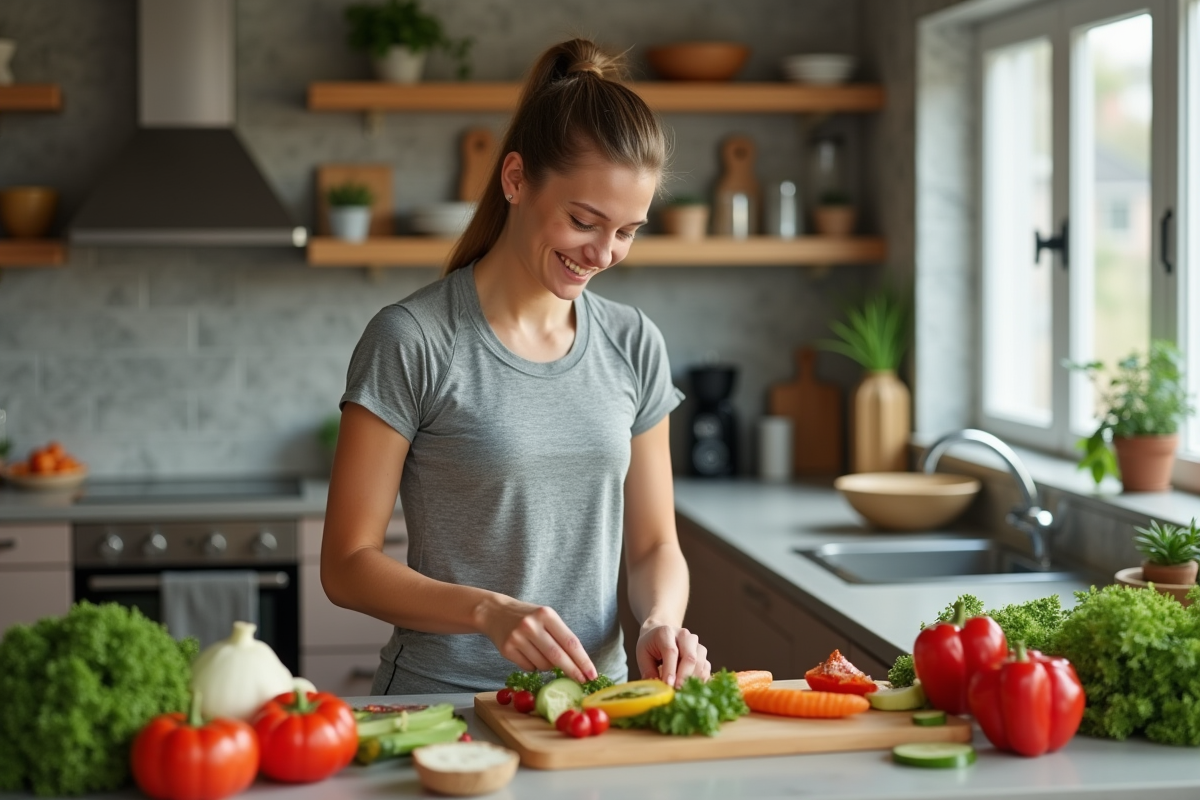 Femme détendue préparant un repas keto dans une cuisine moderne