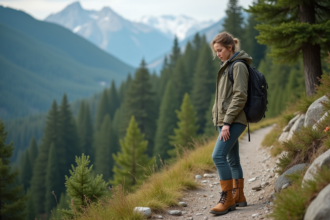 Jeune femme en randonnée ramassant un déchet en forêt