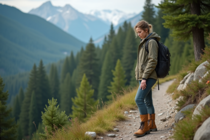Jeune femme en randonnée ramassant un déchet en forêt