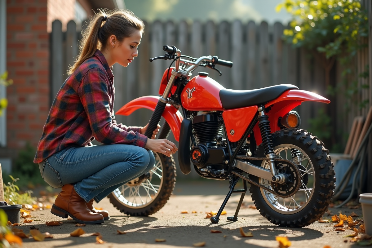 Femme inspectant une moto tout-terrain dans le jardin