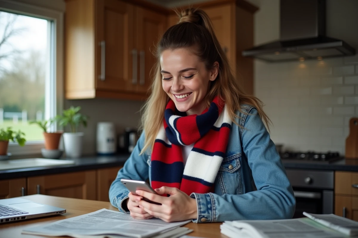 Femme rugby souriante vérifiant résultats sur son téléphone