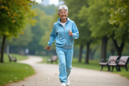 Femme senior souriante en marche rapide dans un parc urbain