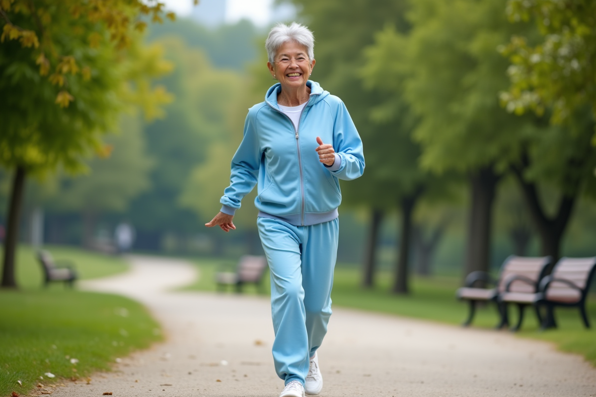 Femme senior souriante en marche rapide dans un parc urbain
