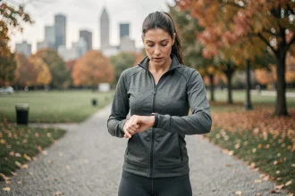 Femme en tenue de sport consultant sa montre connectée pour convertir ses pas en kilomètres dans un parc urbain