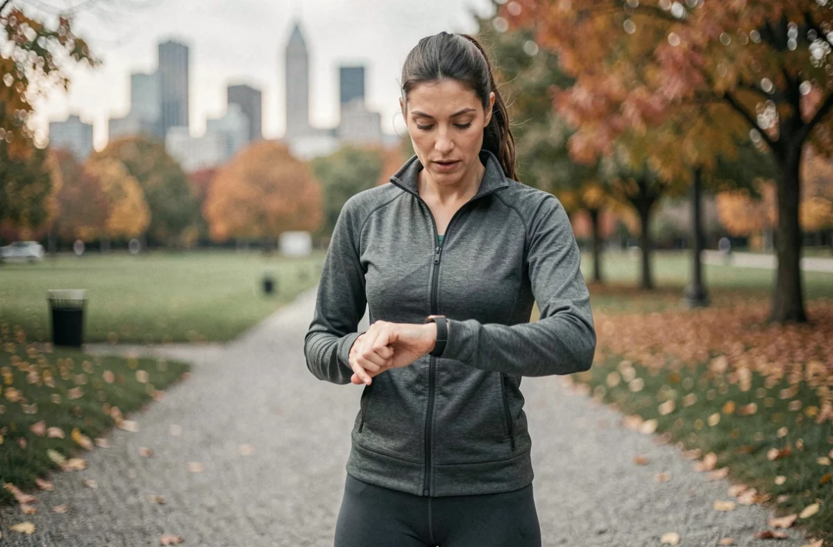 Femme en tenue de sport consultant sa montre connectée pour convertir ses pas en kilomètres dans un parc urbain