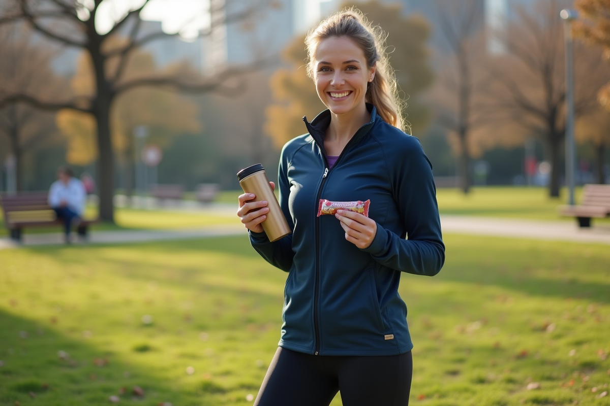 Femme sportive dans un parc urbain avec barre de proteine