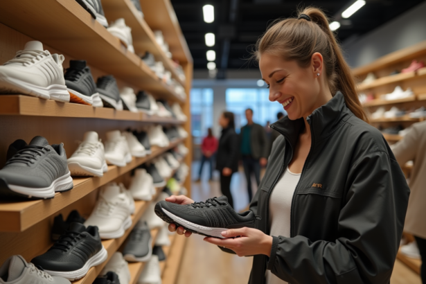 Femme souriante en sportcasual examinant des chaussures de marche