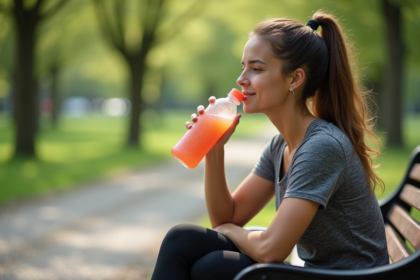 Jeune femme sportive buvant une boisson électrolyte dans un parc
