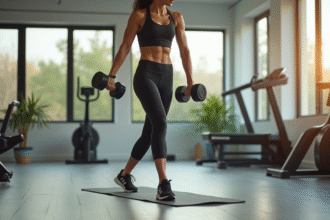 Femme en forme utilisant haltères réglables dans un gym lumineux