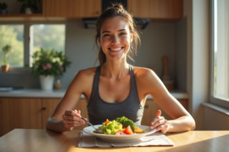 Jeune femme sportive mange un repas sain dans la cuisine