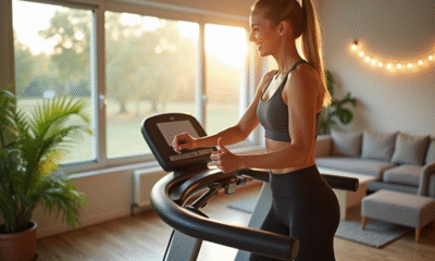 Femme souriante en tenue de sport marchant sur un tapis de course dans un salon lumineux
