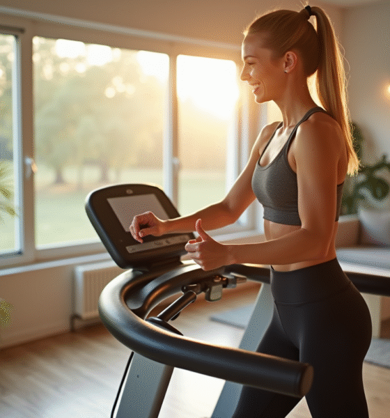 Femme souriante en tenue de sport marchant sur un tapis de course dans un salon lumineux