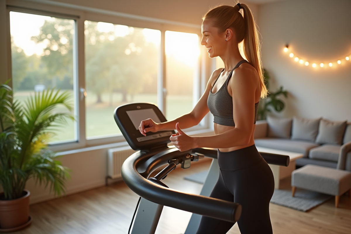 Femme souriante en tenue de sport marchant sur un tapis de course dans un salon lumineux