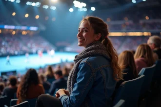 Jeune femme dans un stade à Bercy regardant la scène