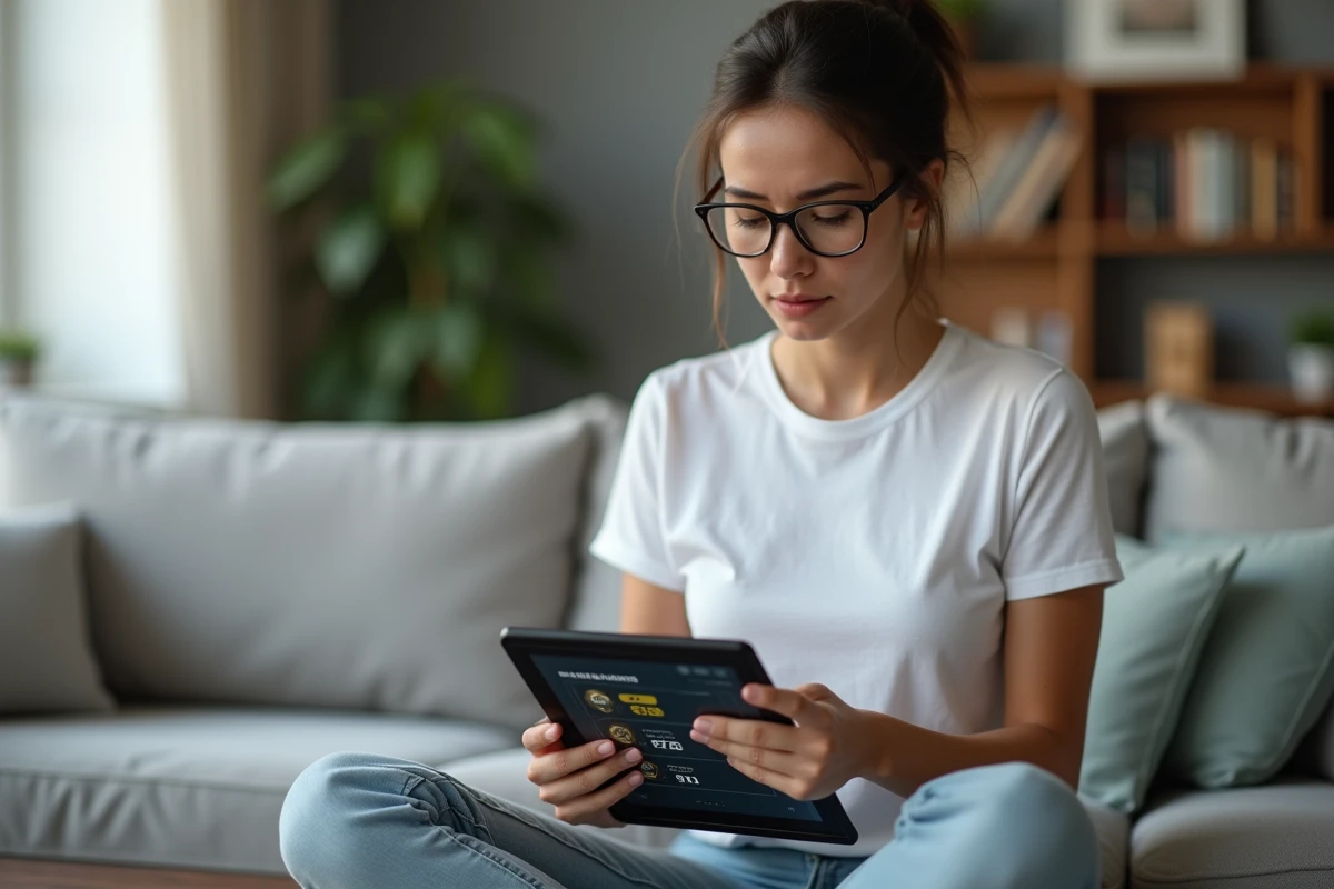 Femme consultant un tableau de classement P100 sur une tablette dans un salon contemporain