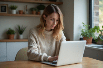 Femme assise à la cuisine travaillant sur son ordinateur portable