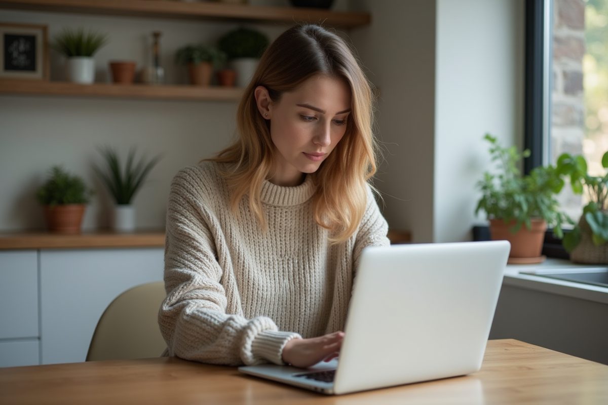Femme assise à la cuisine travaillant sur son ordinateur portable
