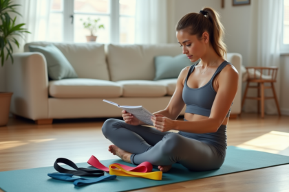 Femme en yoga avec bandes de resistance dans un intérieur lumineux