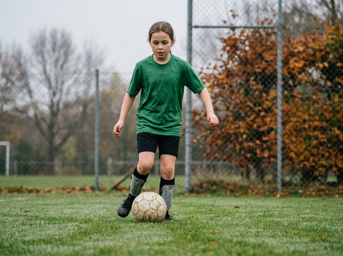 Jeune fille dribblant un ballon de football sur un terrain d'entraînement en automne