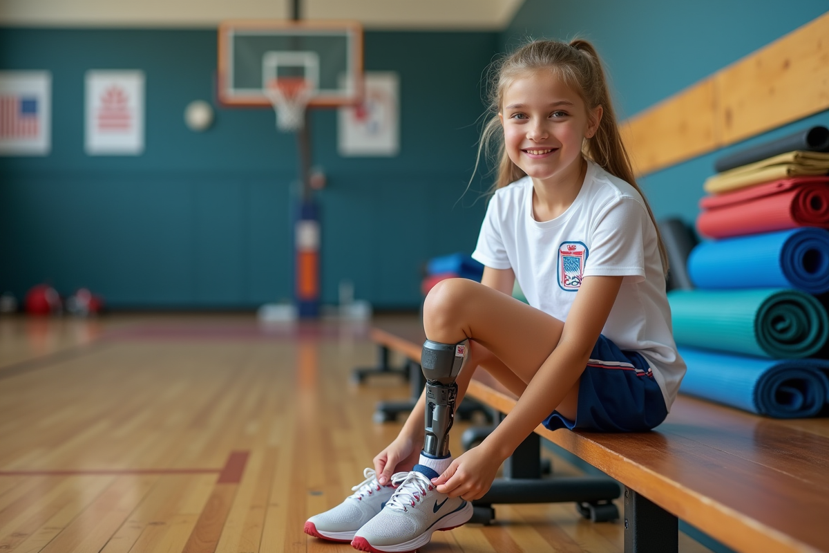 Fille paralympique assise sur banc en salle de sport