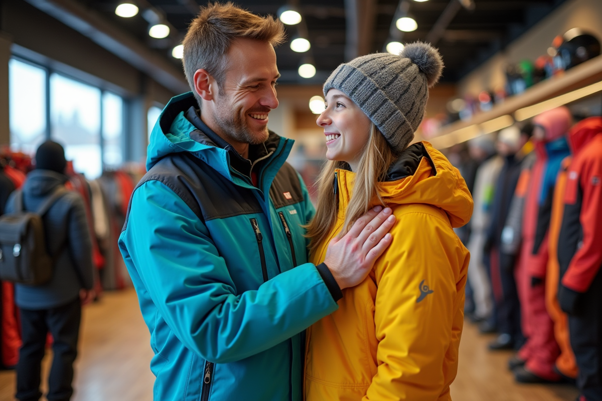 Fille adolescente et son père ajustant leurs vetements de ski