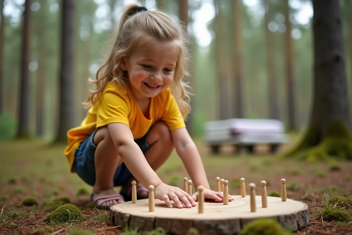Jeune fille souriante plaçant un pin de Mölkky dans la forêt
