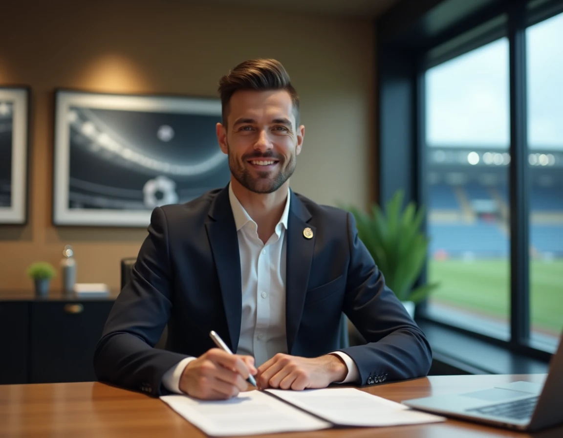 Joueur de l'Inter Milan en fin de contrat en 2026 lors d'une réunion dans les bureaux du club, examinant des documents contractuels