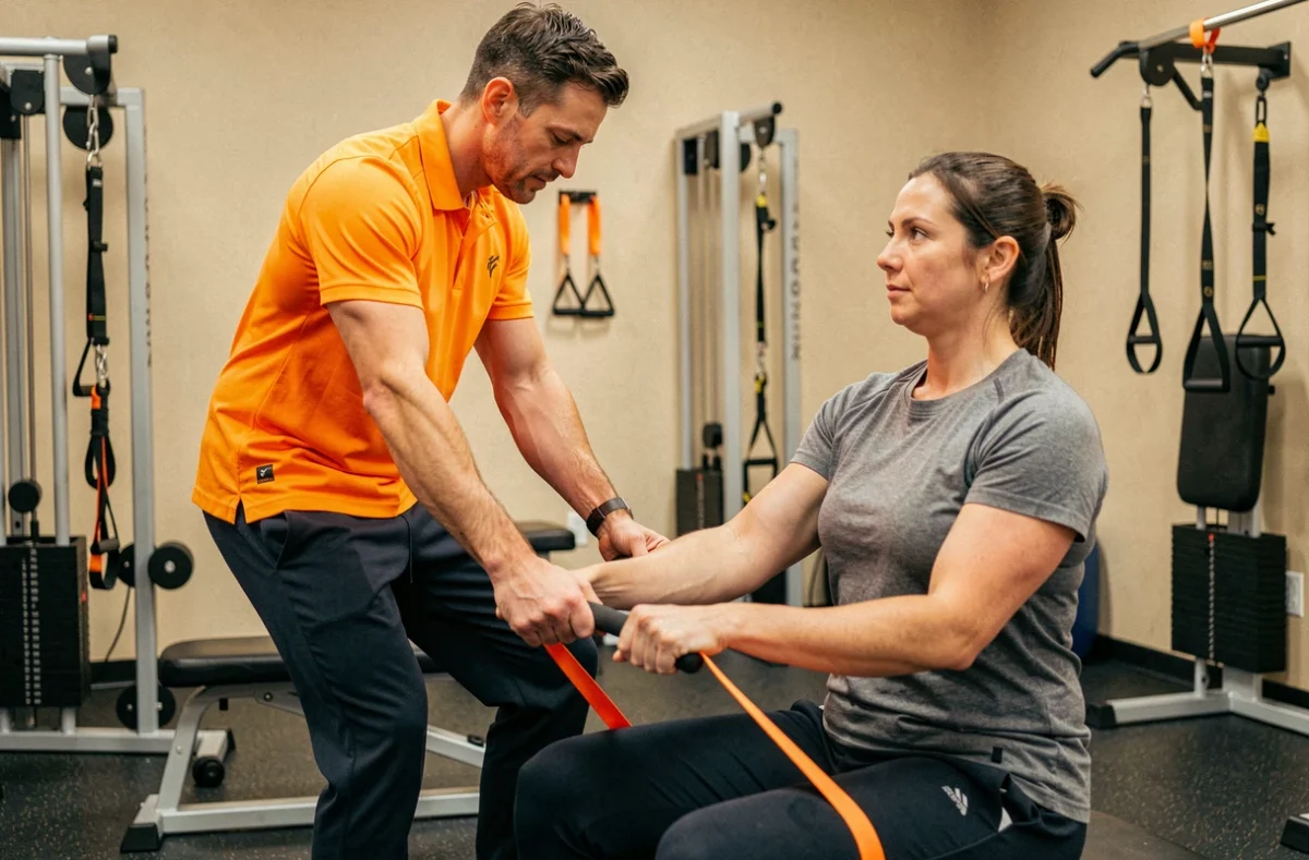 Florian, coach sport adapté au Mans, assistant un participant lors d'un exercice de résistance dans un studio de fitness inclusif