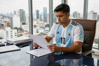 Footballeur argentin en maillot examinant un contrat professionnel dans un bureau moderne de Buenos Aires
