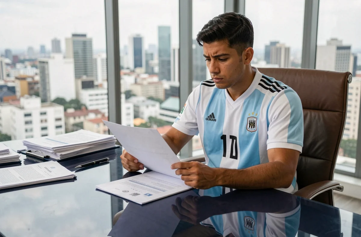 Footballeur argentin en maillot examinant un contrat professionnel dans un bureau moderne de Buenos Aires