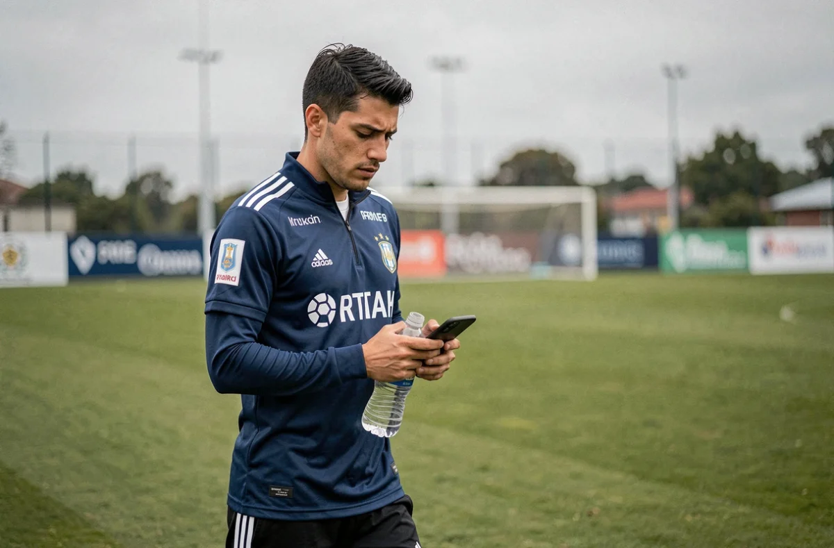 Footballeur professionnel argentin consultant son téléphone lors d'un entraînement dans un centre sportif